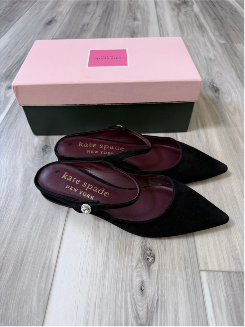 Kate Spade Meg Suede Mary Jane Flats Black Pointed Toe Crystal Size 9.5B K4994 - Picture 3 of 11